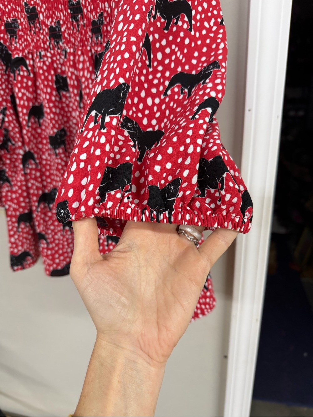 Red Printed Peasant Blouse with Black Dog print - Picture 5 of 6